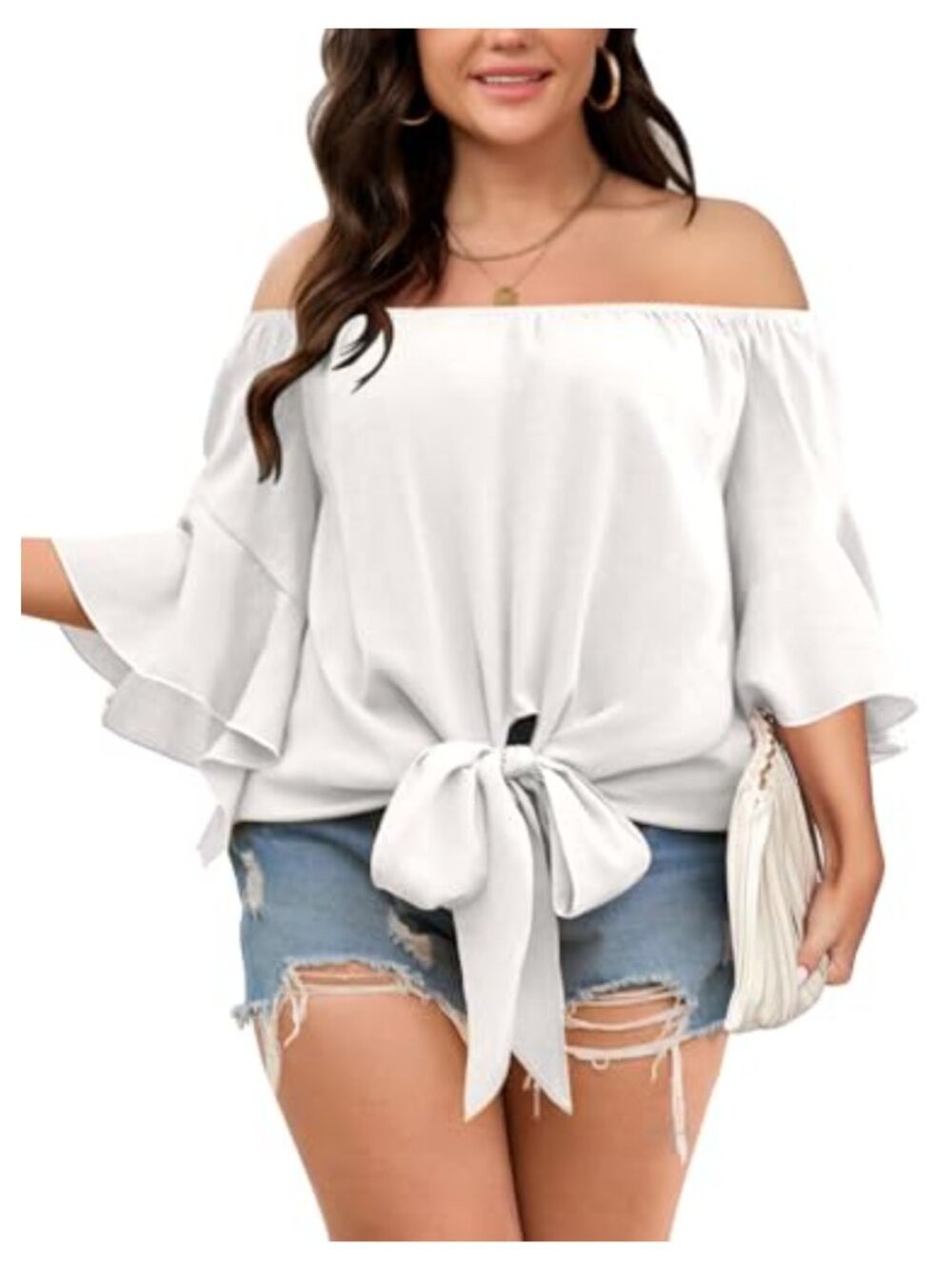 Plus Size Off Shoulder Blouse Half Sleeve Tie Front Flowy Top